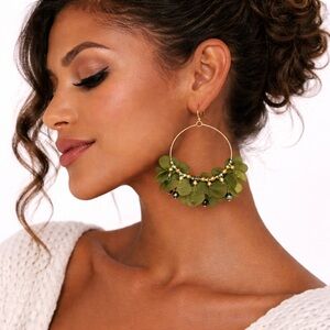 nOir Jewelry Olive Green Floral Hoop Earrings Gold Beaded Statement New